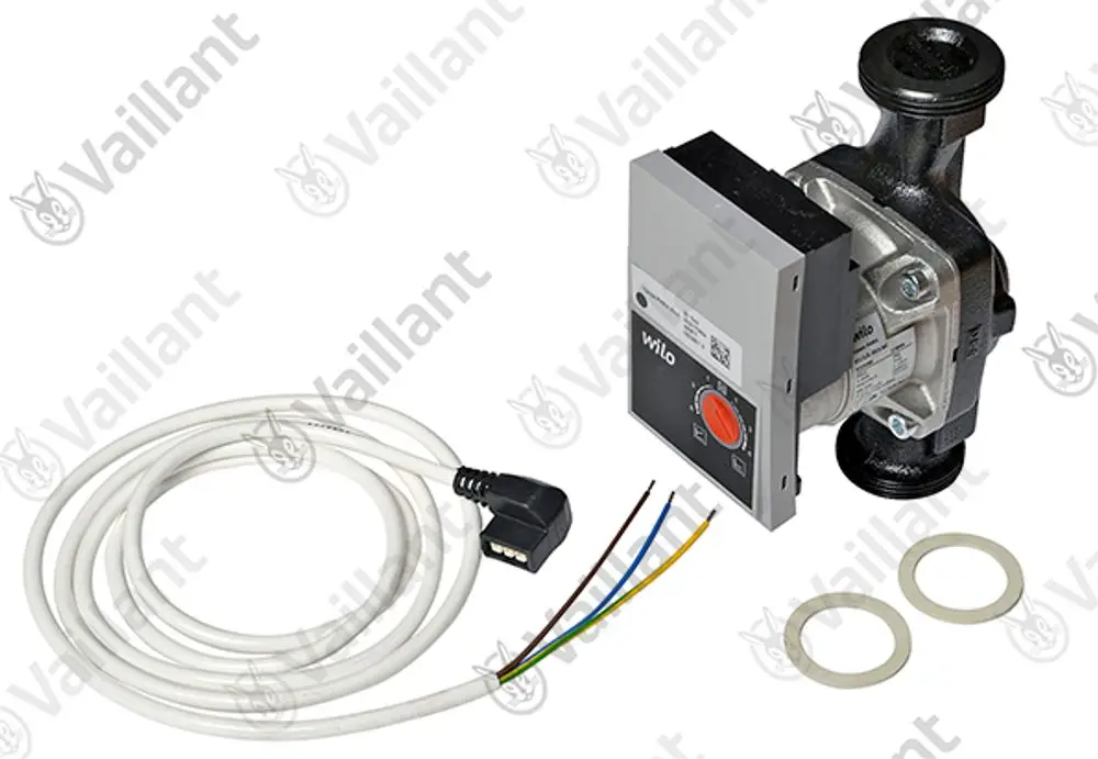 Vaillant Pumpe mit einem elektrischen Steuergerät, Anschlusskabel und Dichtungen. Der Pumpenkörper ist schwarz und das Steuergerät hat eine graue Frontplatte.